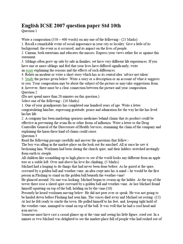 Www Entrance Exam Net Icse Class X English Literature Sample