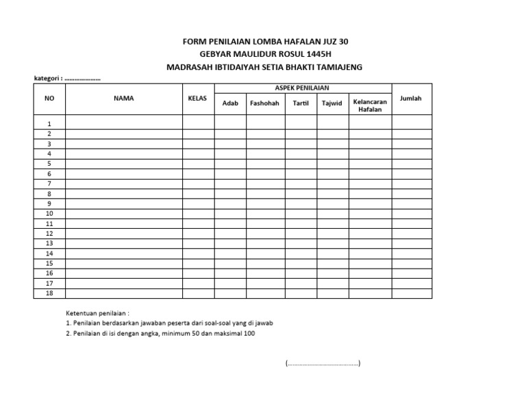 Form Penilaian Lomba Tahfidz 2023 MSB | PDF
