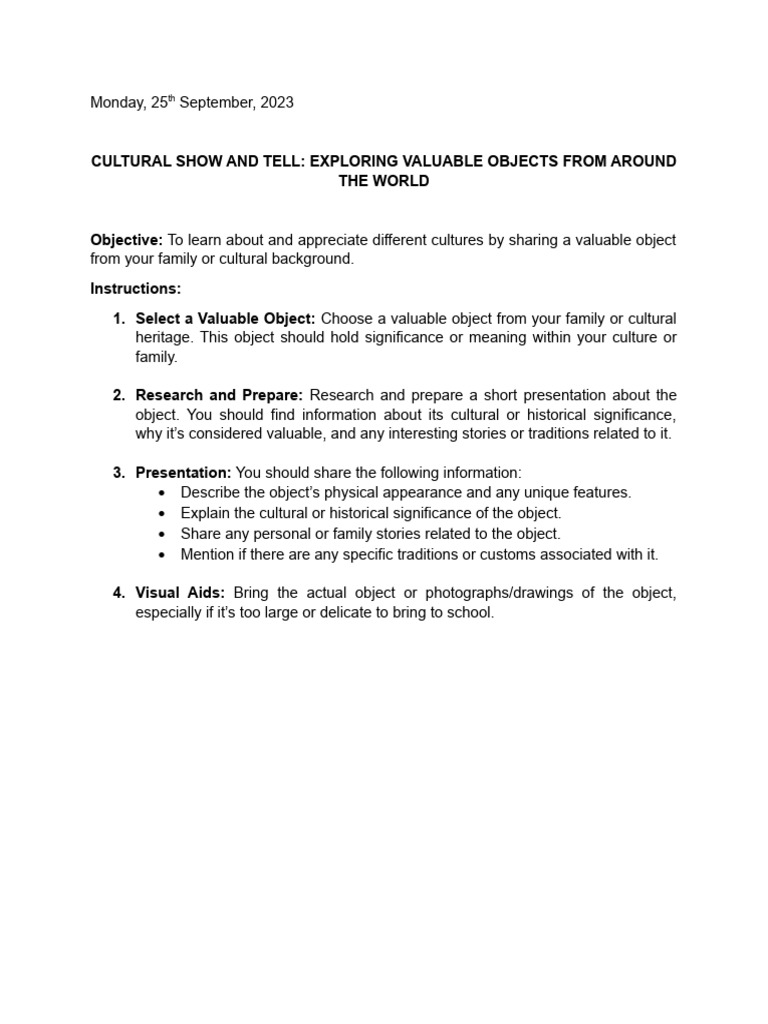 Cultural Show and Tell Instructions | PDF