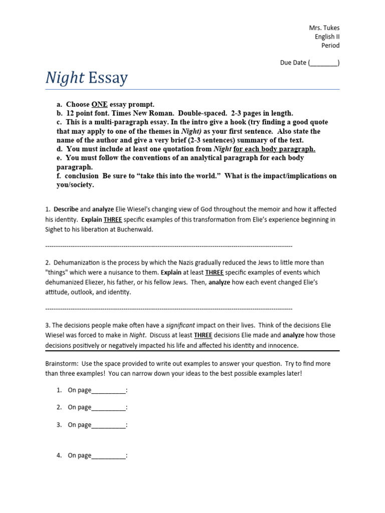 Night Essay Prompts PDF