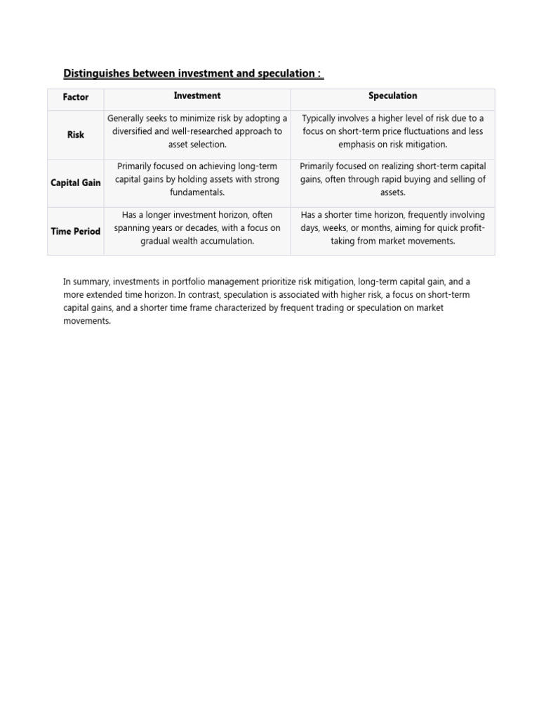 Distinguishes Between Investment and Speculation PDF