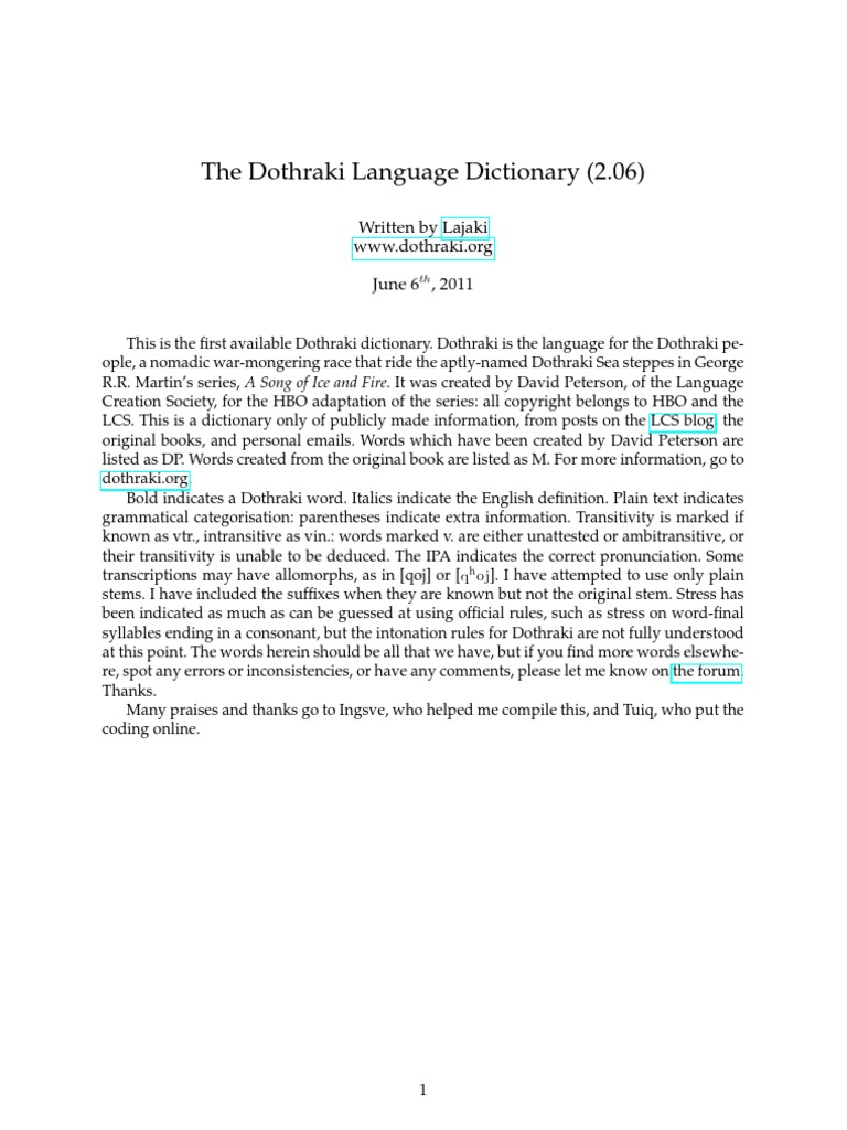 Dothraki Language Dictionary 2.06 | PDF