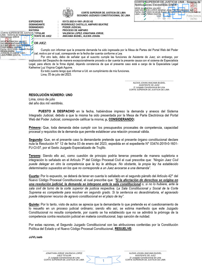 Modelo de resolucion judicial inhibiendose de conocer proceso de amparo