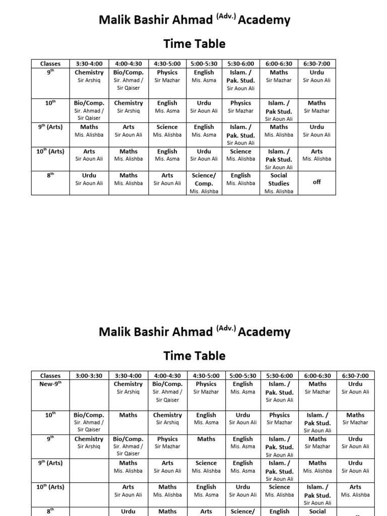 Ol Student Time Table