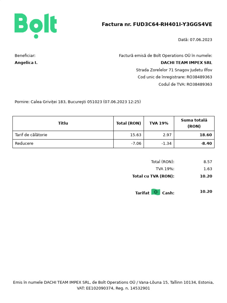 Ride Invoice From Bolt | PDF