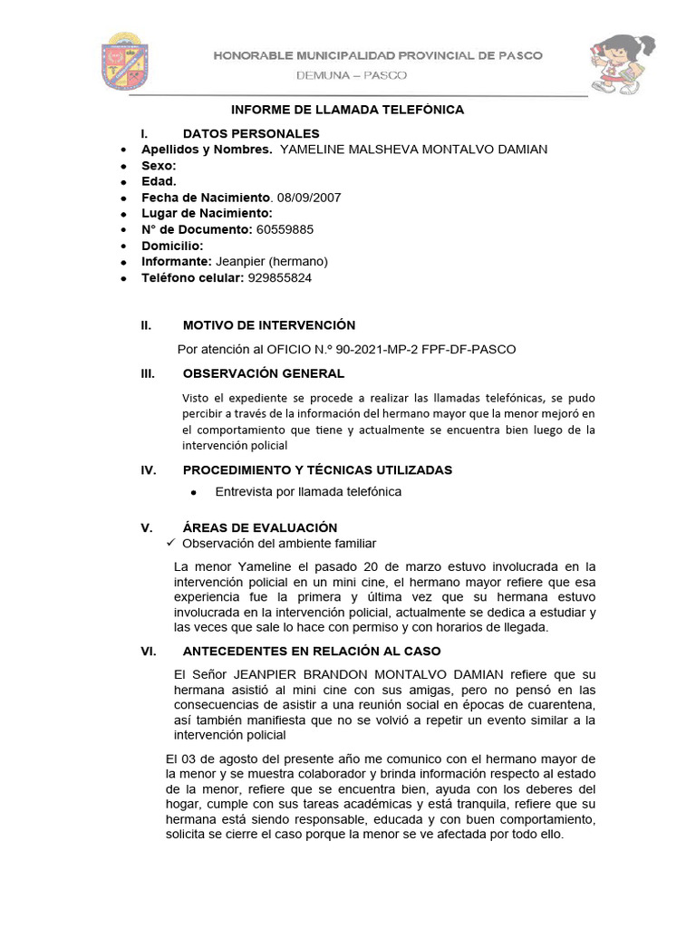 Informe de Llamada Telefónica | PDF