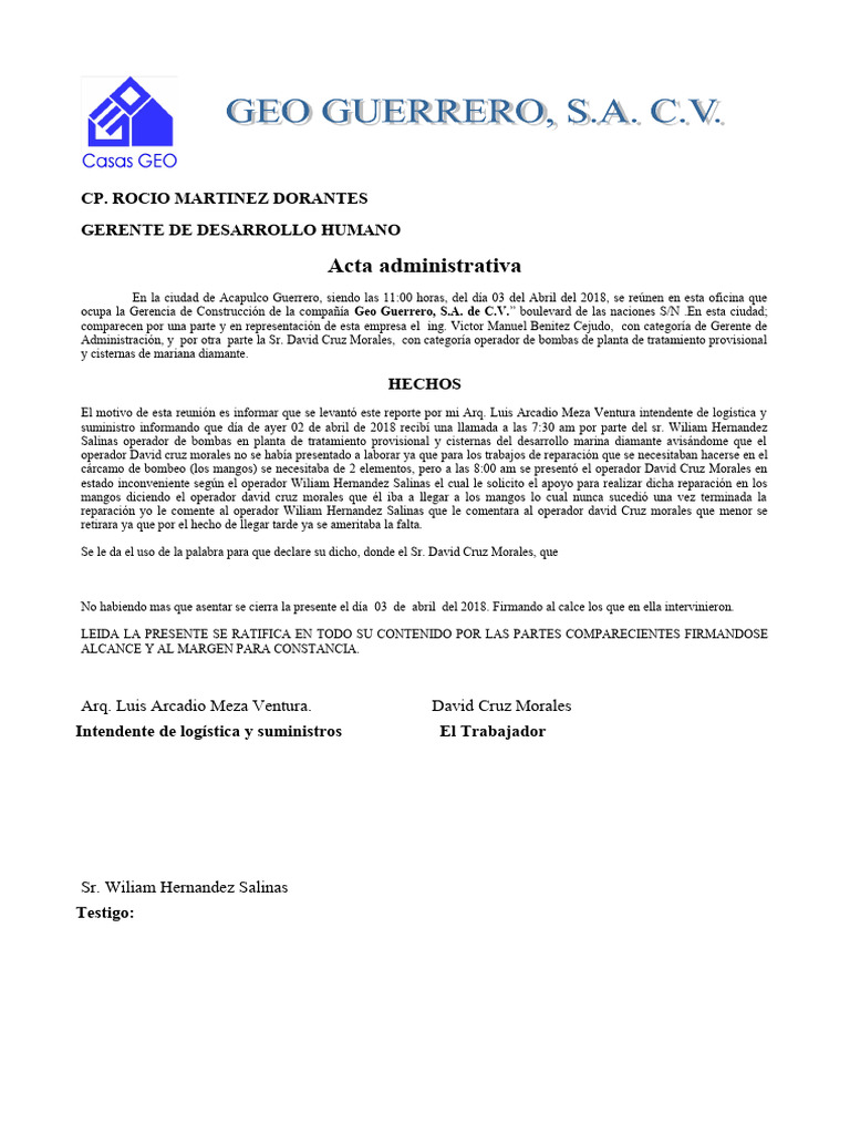 Machote De Actas Administrativas Pdf