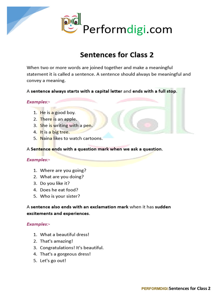 Sentences For Class 2 PDF