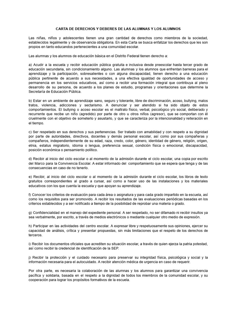 Carta de Derechos y Deberes de Las Alumnas y Los Alumnos | PDF