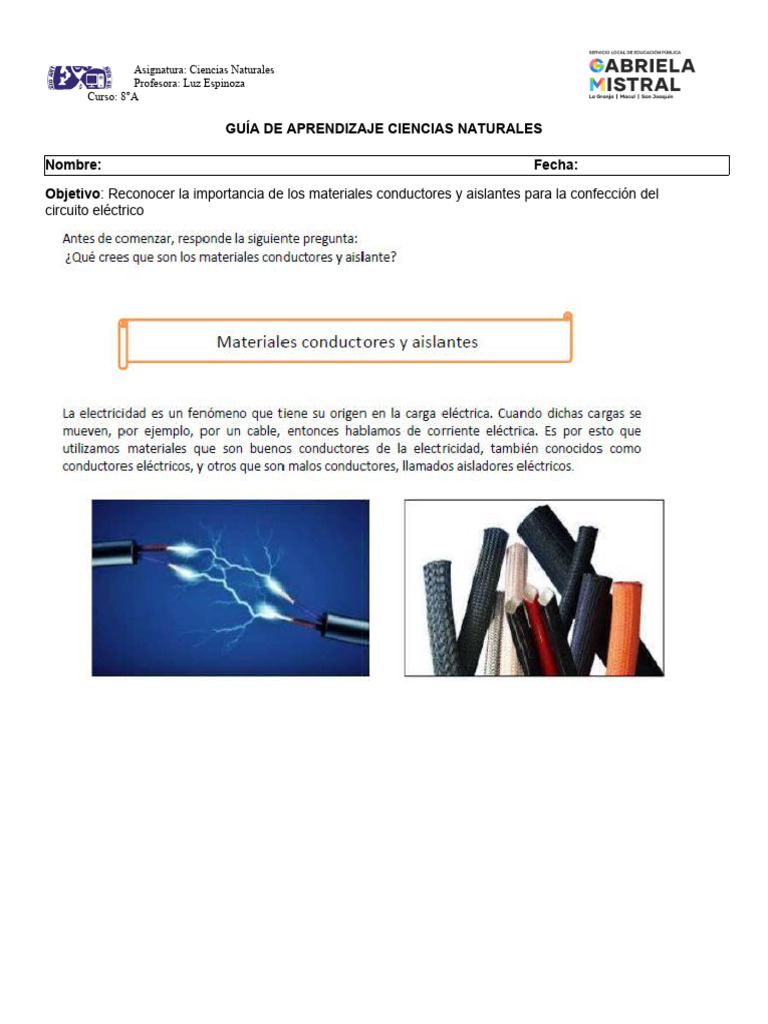 Guía de estudio 8°A Materiales conductores y aislantes | PDF