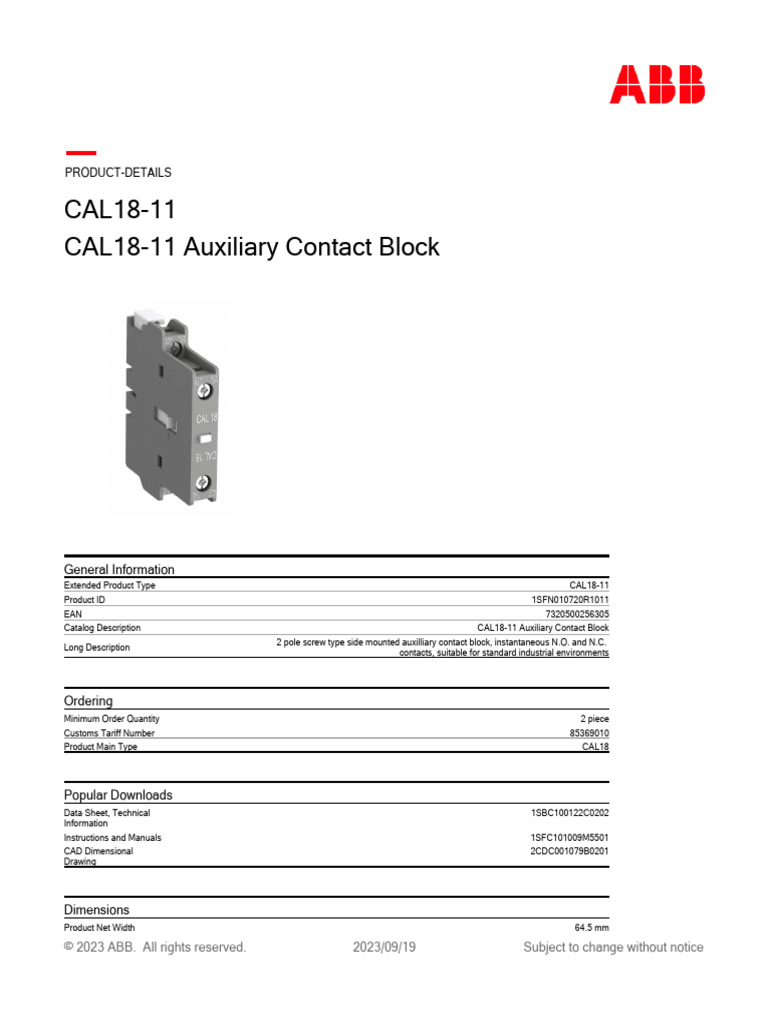 ABB 1SFN010720R3311 CAL 18-11B Auxiliary Contact 2 Pc In 1 Box - Foto 11