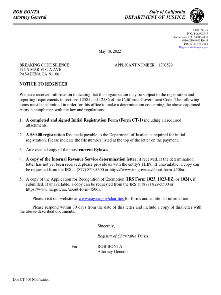 CT-400 Registration Notice for Charities | PDF | United States Law ...