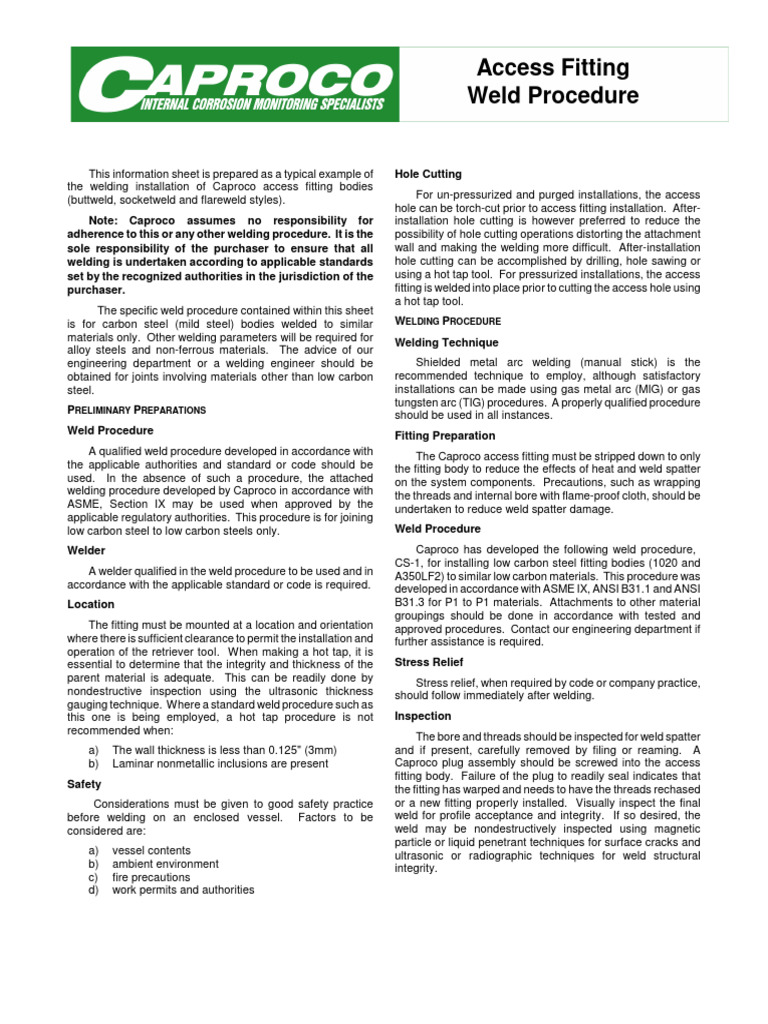 Caproco Access Fitting Weld Procedure | PDF