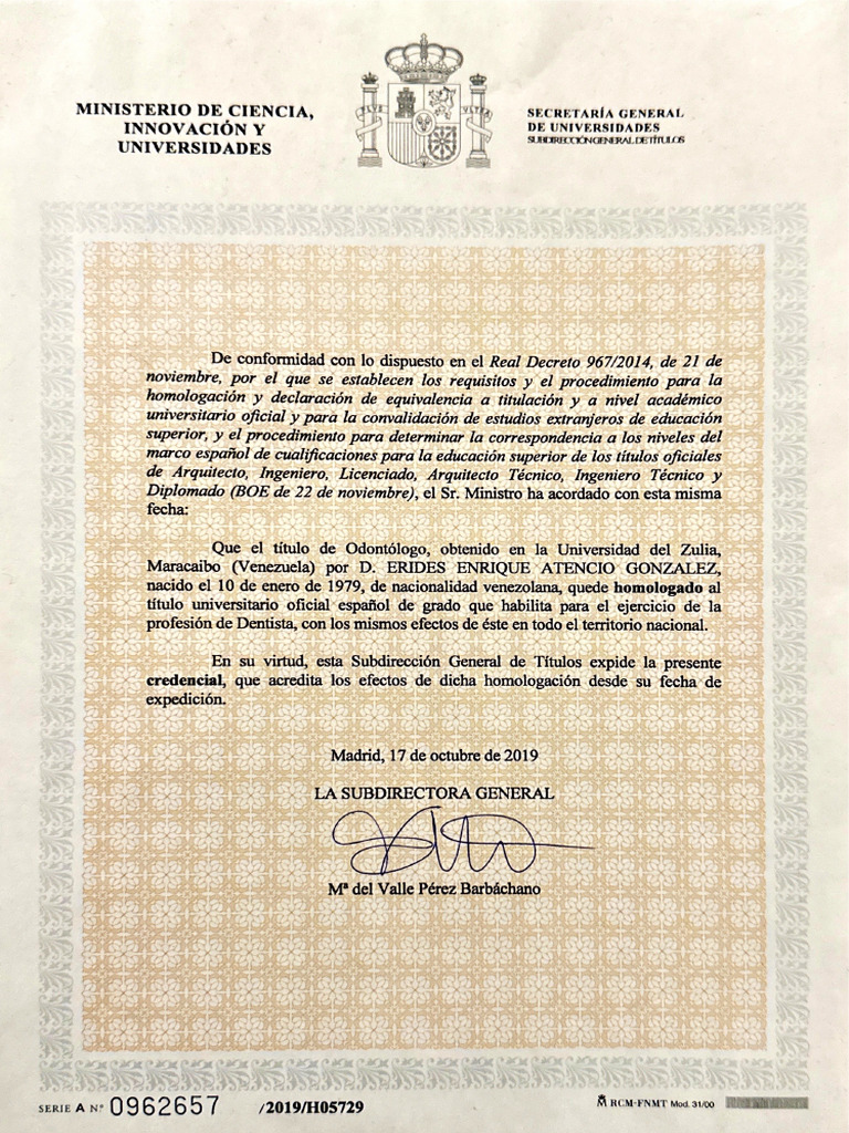 Dentist License Spain 2019 PDF