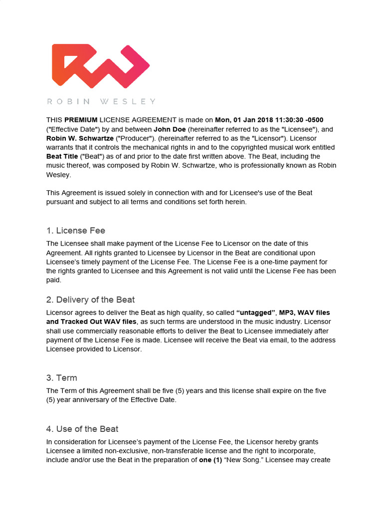 Premium License Agreement for Music Beat | PDF | License | Breach Of ...