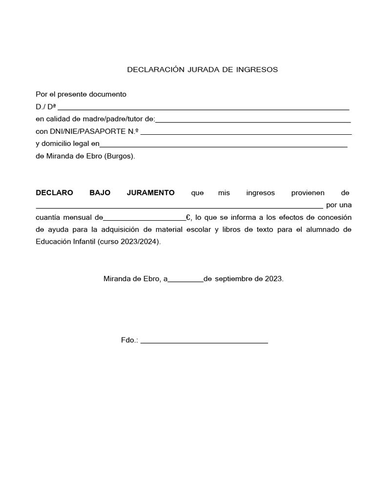 Modelo de Declaración Jurada de Ingresos | PDF
