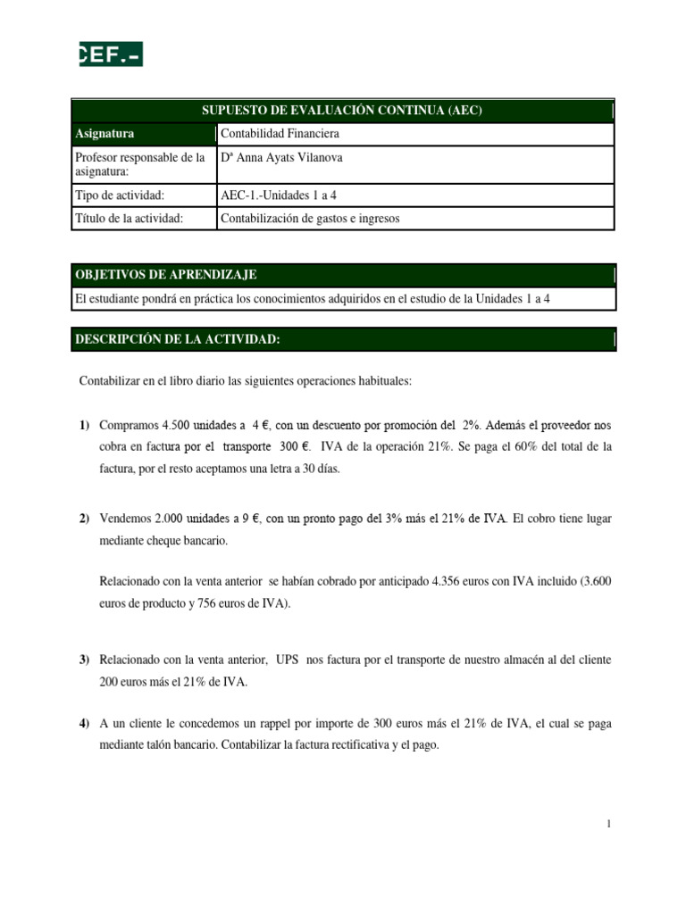 01.-Enunciado AEC 1. - Contabilización de Gastos e Ingresos | PDF ...