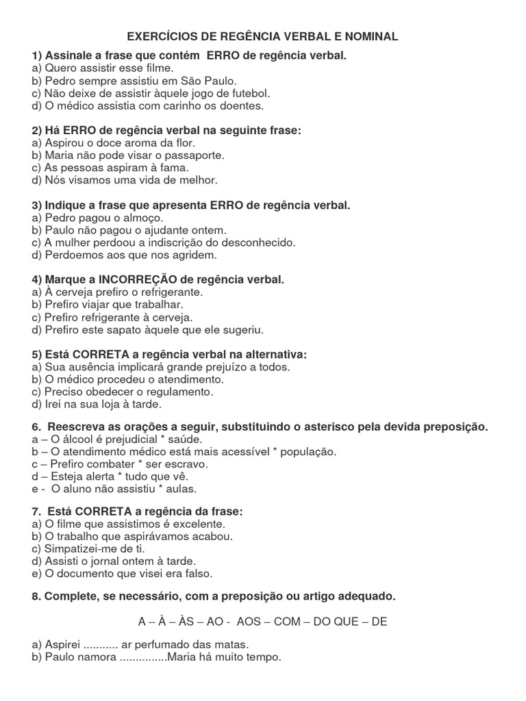 Exercícios Regência 8° Ano | PDF