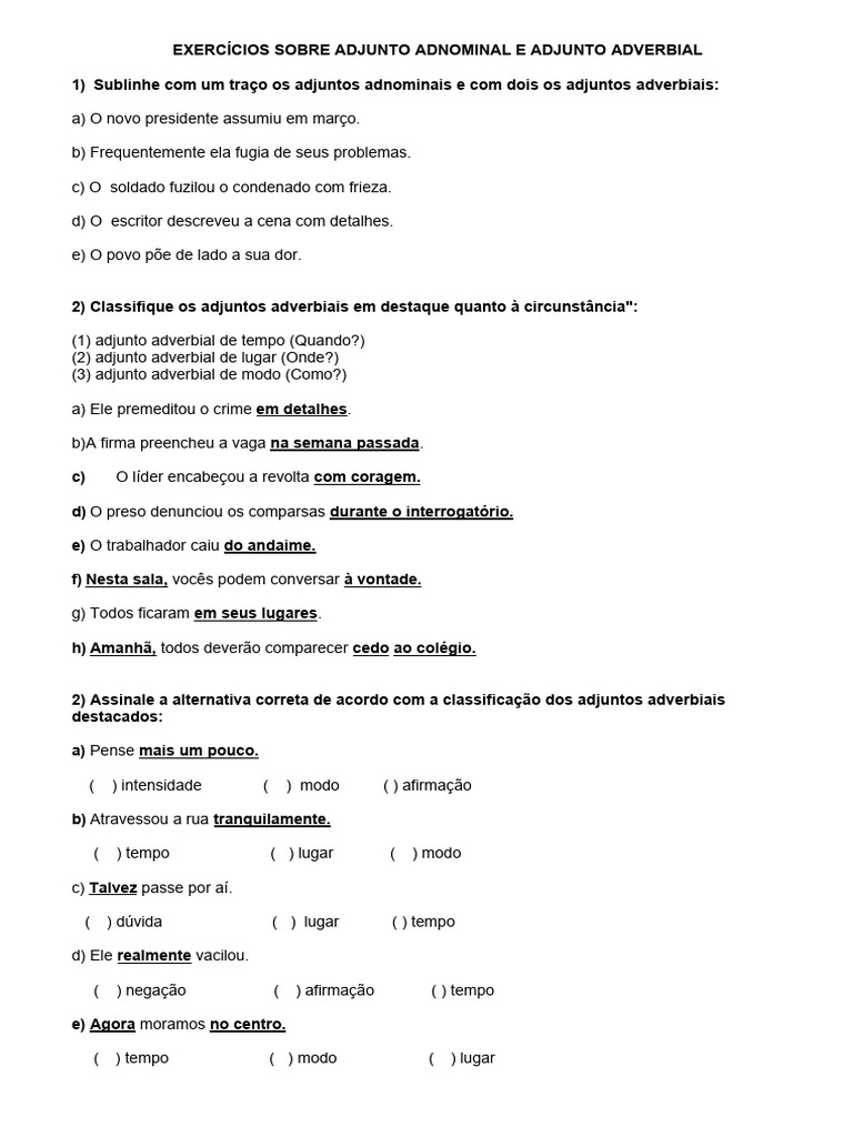 EXERCÍCIOS SOBRE ADJUNTO ADNOMINAL E ADJUNTO ADVER (2) | PDF