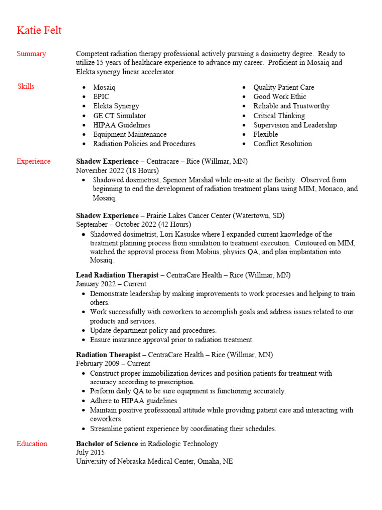 Radiation Therapy Professional Resume | PDF | Radiation Therapy ...