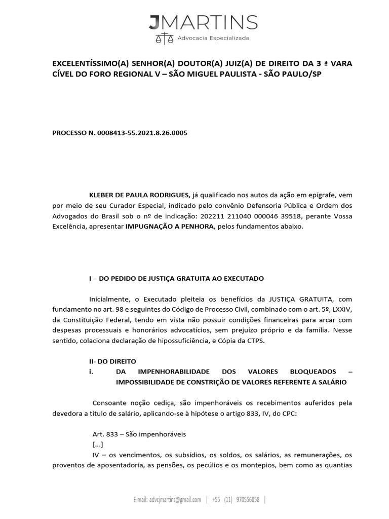 Impugnação A Penhora | PDF | Processo civil | Pensão alimentícia