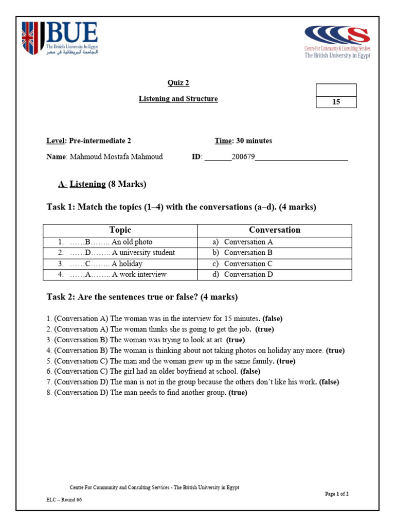 Quiz 2 - Pre-Intermediate 2 - ELC 66 | PDF
