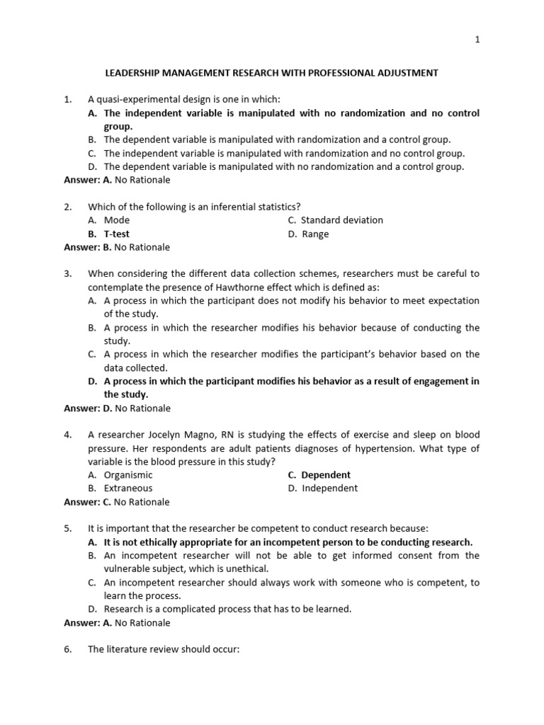 Leadership Management Research With Professional Adjustment Quiz