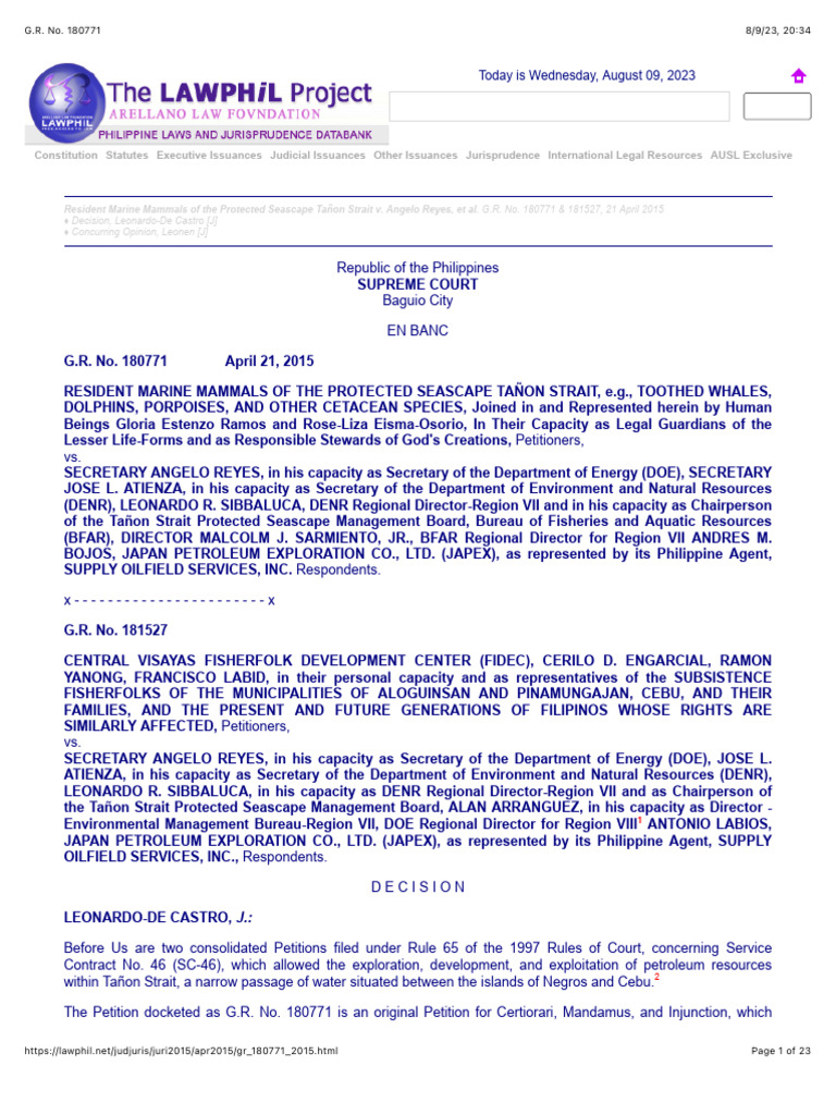 Resident marine mammals of tanon starit v reyes g r no 180771