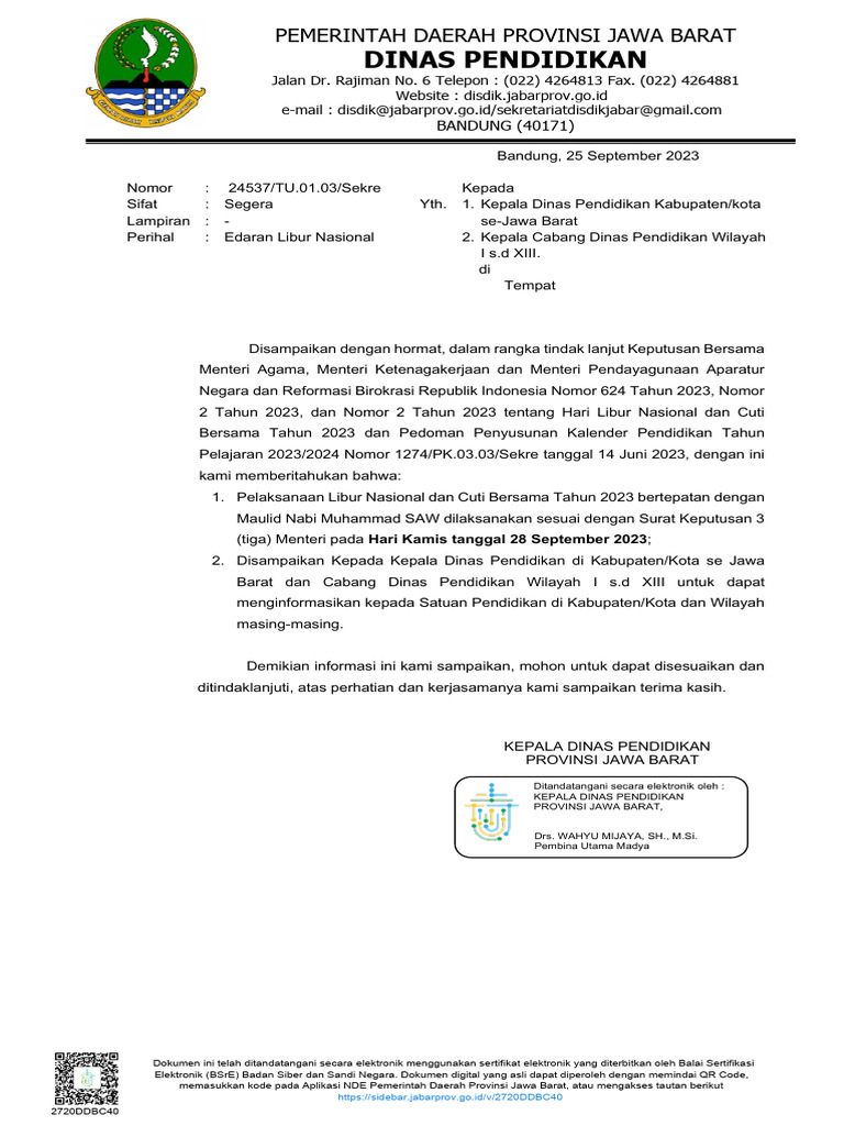 Surat Edaran Libur Nasional 260 | PDF