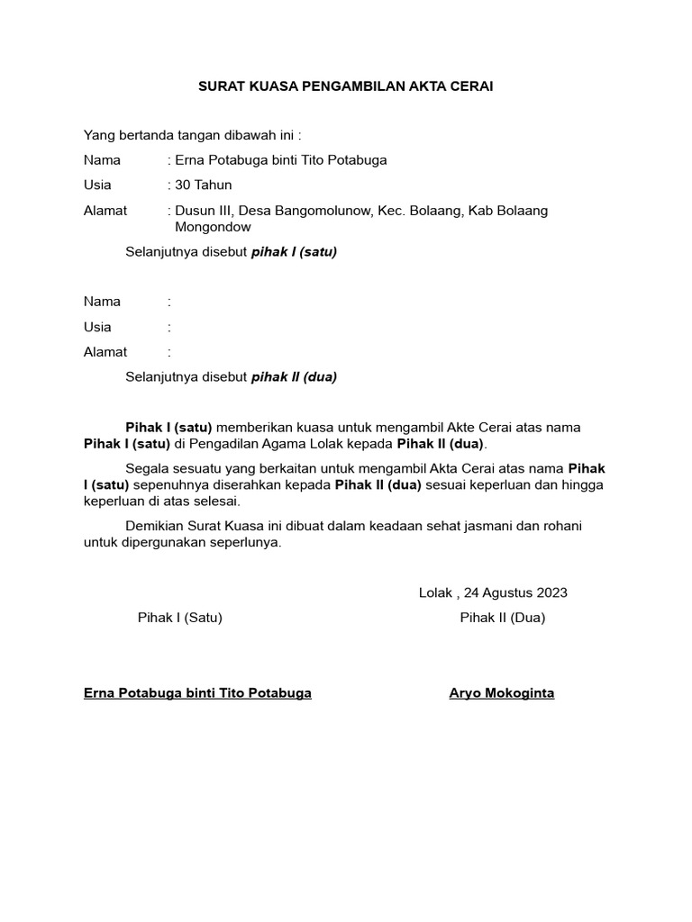 Surat Kuasa Pengambilan Akta Cerai | PDF