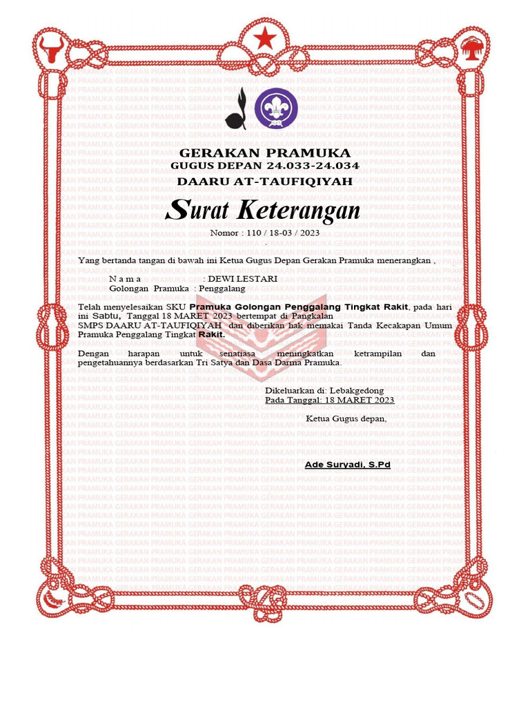 Surat Keterangan Pramuka Penggalang | PDF