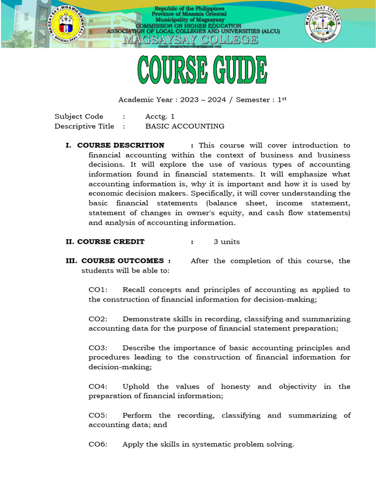 MC Course Guide OBE Basic Accounting | PDF | Accounting | Economies