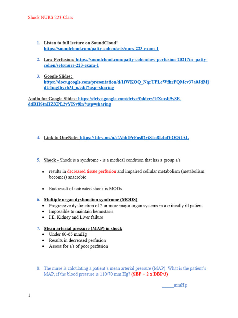 Med Surg Shock Worksheet PDF