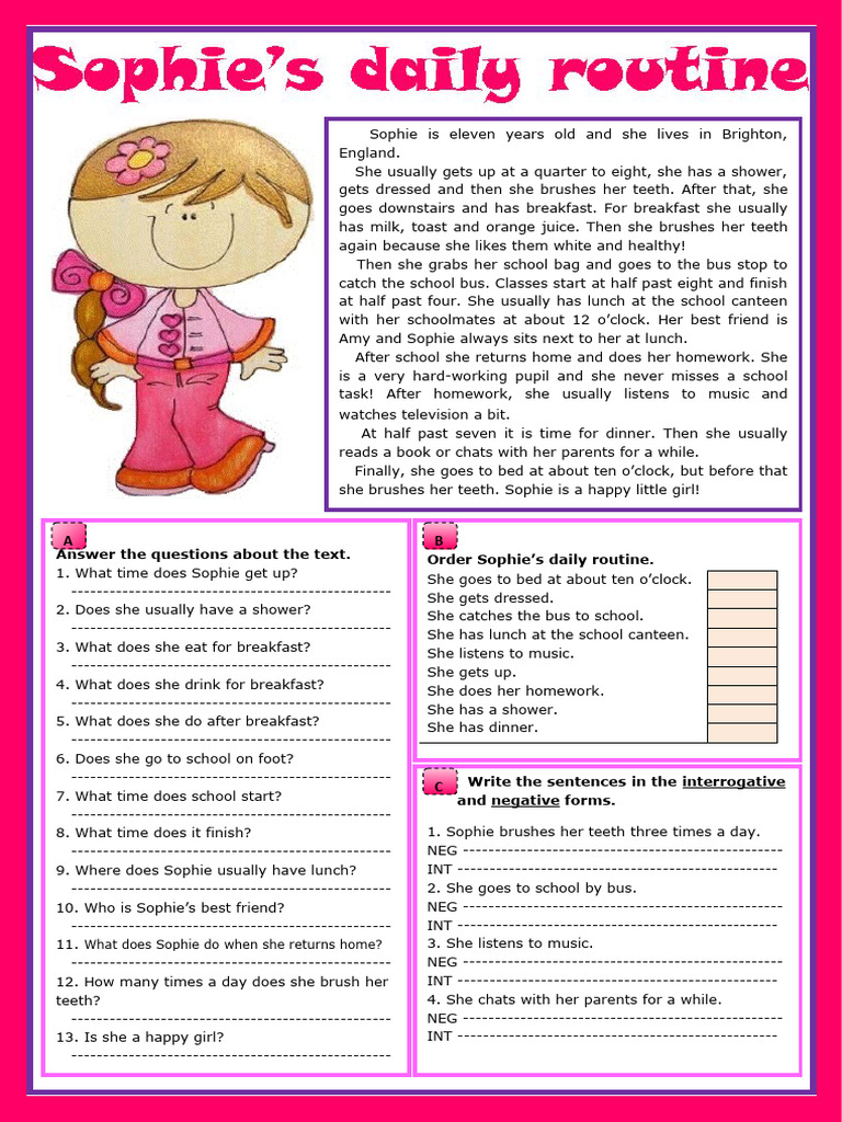 Sophies Daily Routine Reading Comprehension Exercises 21729 | PDF