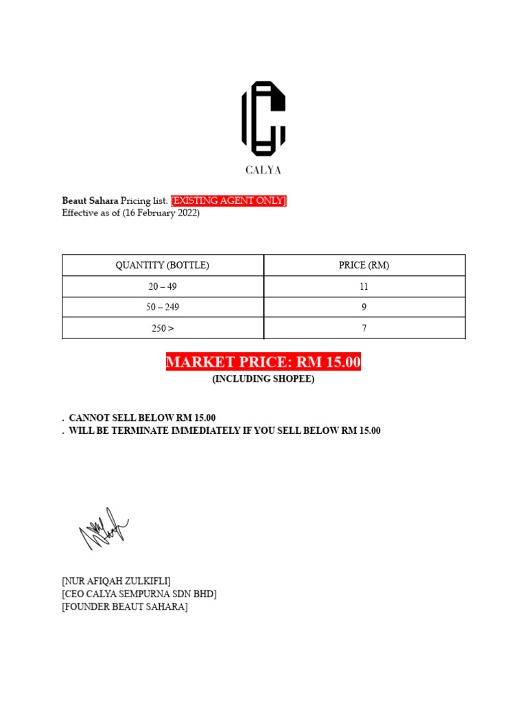Existing Agent Price List 2022 PDF