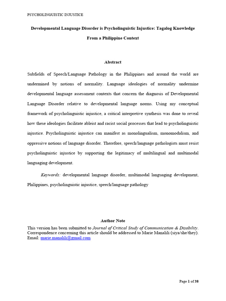 Developmental Language Disorder Is Psycholinguistic Injustice: Tagalog ...