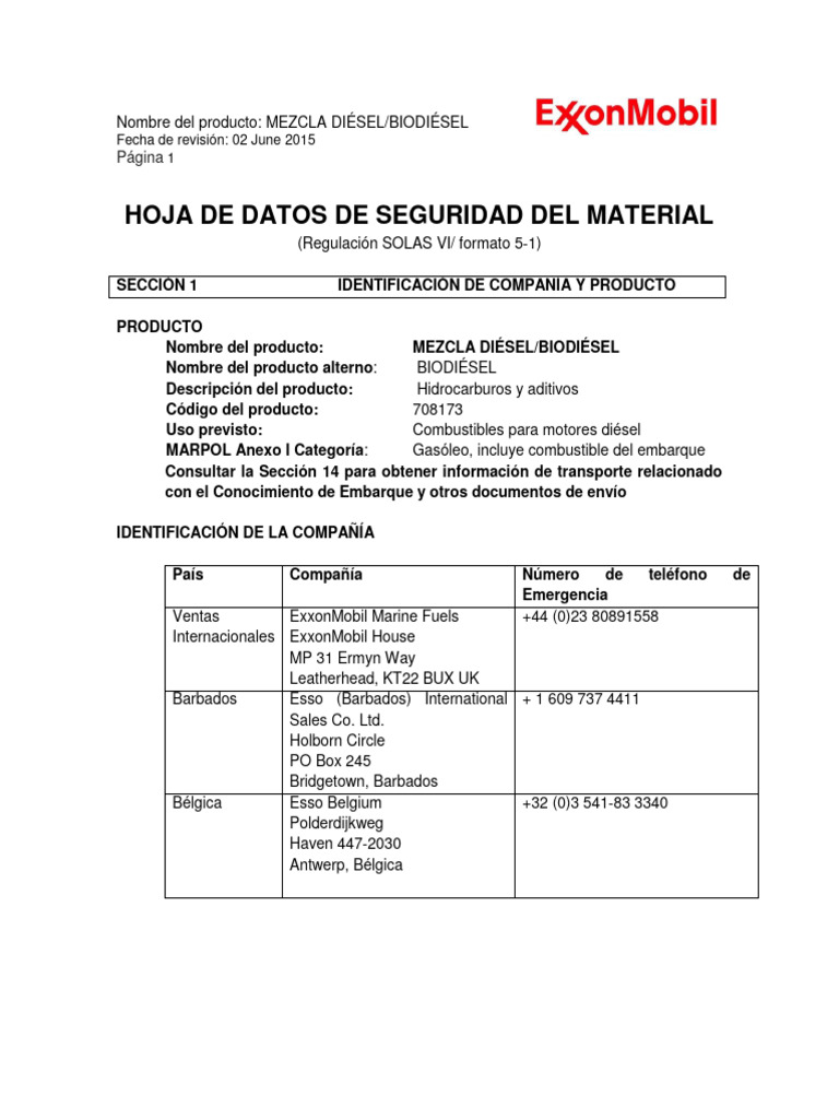 MSDS Exxonmobil Diesel B5 S50 PDF Agua Combustión