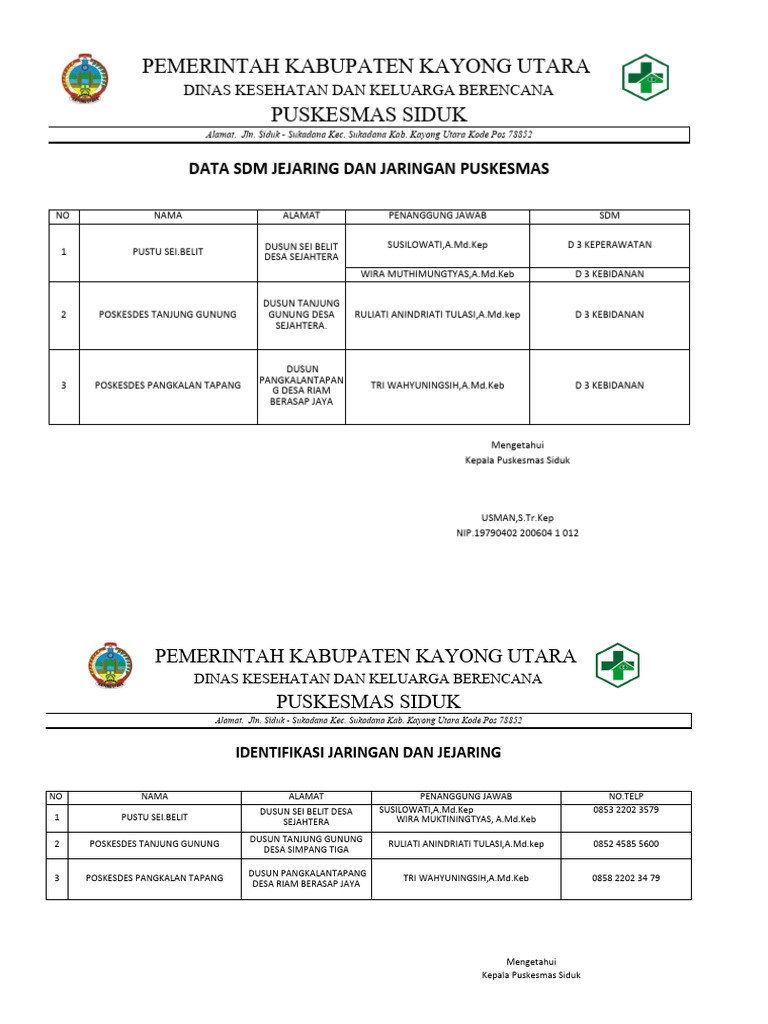 Data Jejaring Puskesmas Siduk Kayong | PDF