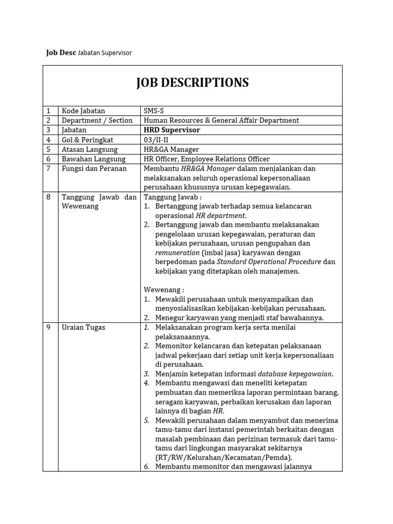 Contoh Job Desc Jabatan Supervisor | PDF | Bisnis