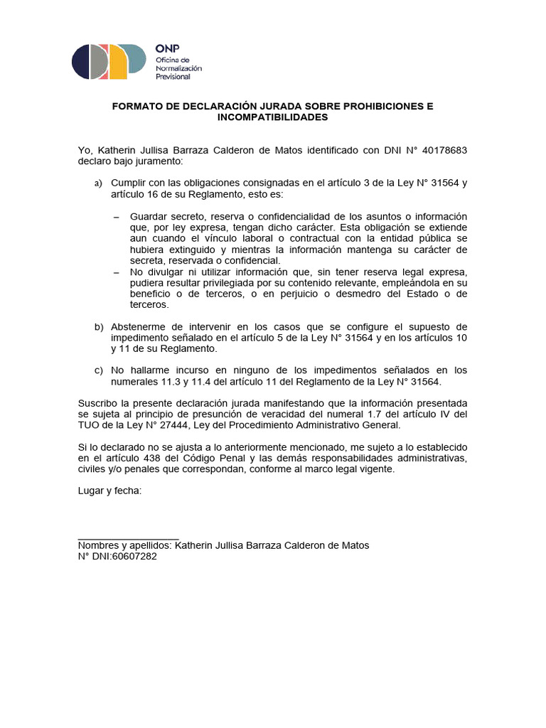 Formato de Declaración Jurada Sobre Prohibiciones e Incompatibilidades ...