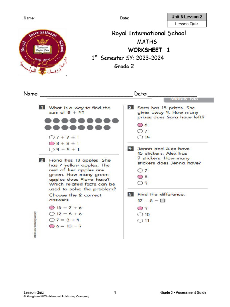 Grade 2 MATHS Worksheet 6 Answer Key | PDF