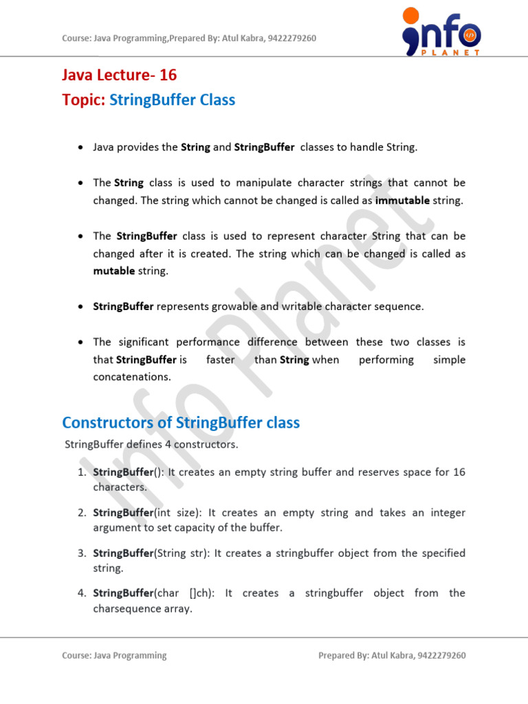 Java Lec-16 StringBuffer Class.14a2a2e | PDF