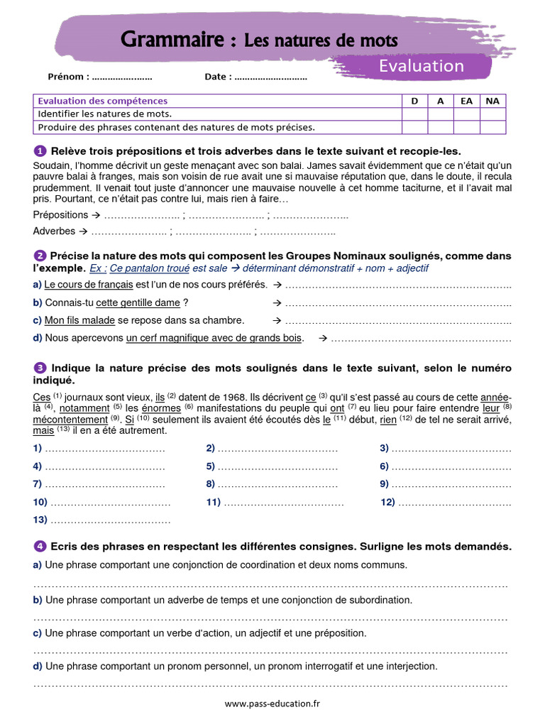 Exercice sur la nature des mots 5ème | PDF | Phrase | Adverbe