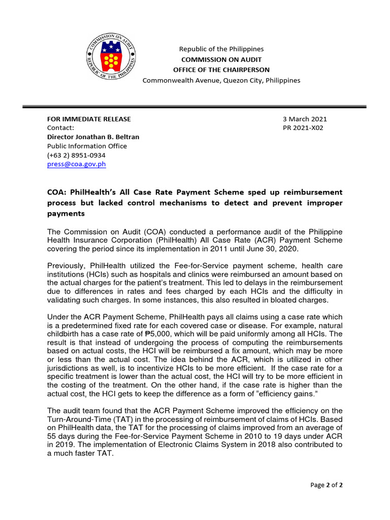 Coa: Philhealth'S All Case Rate Payment Scheme Sped Up Reimbursement ...