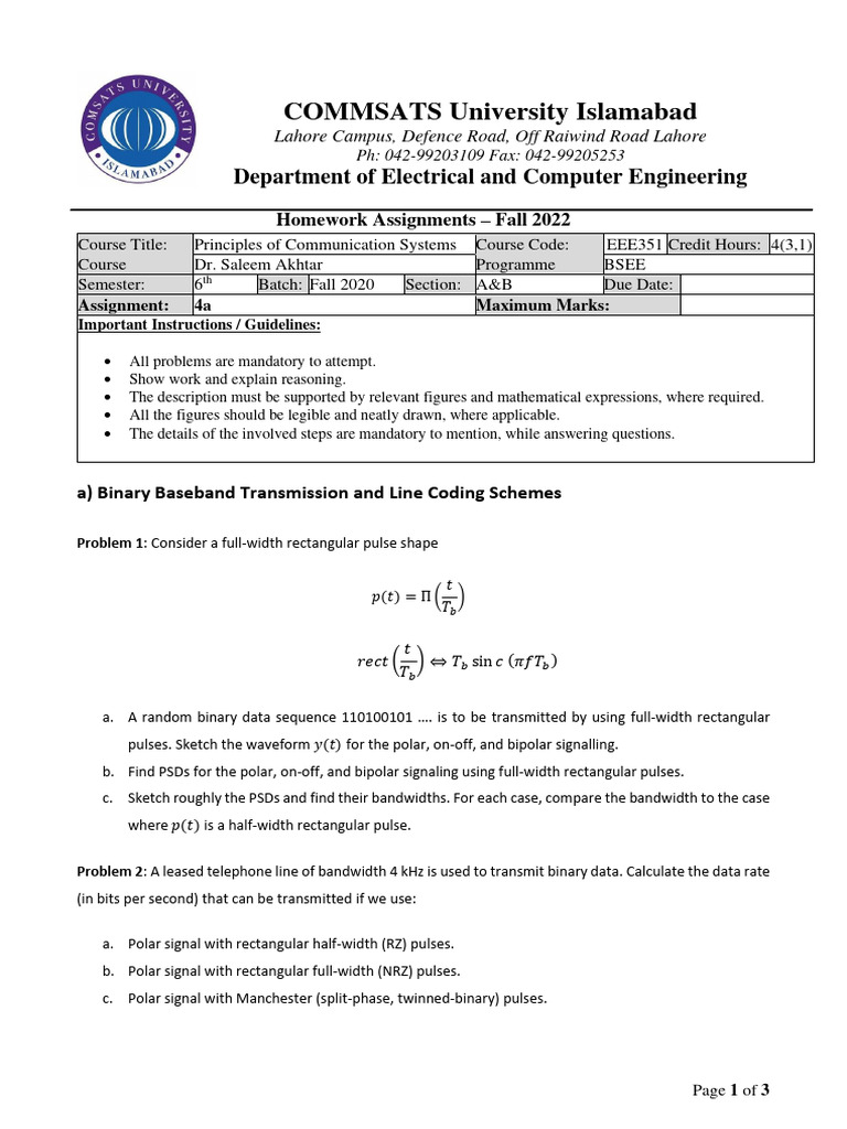Communication Systems Homework EEE351 | PDF | Teaching Methods ...