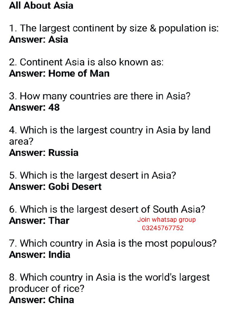 All About Asia MCQs | PDF