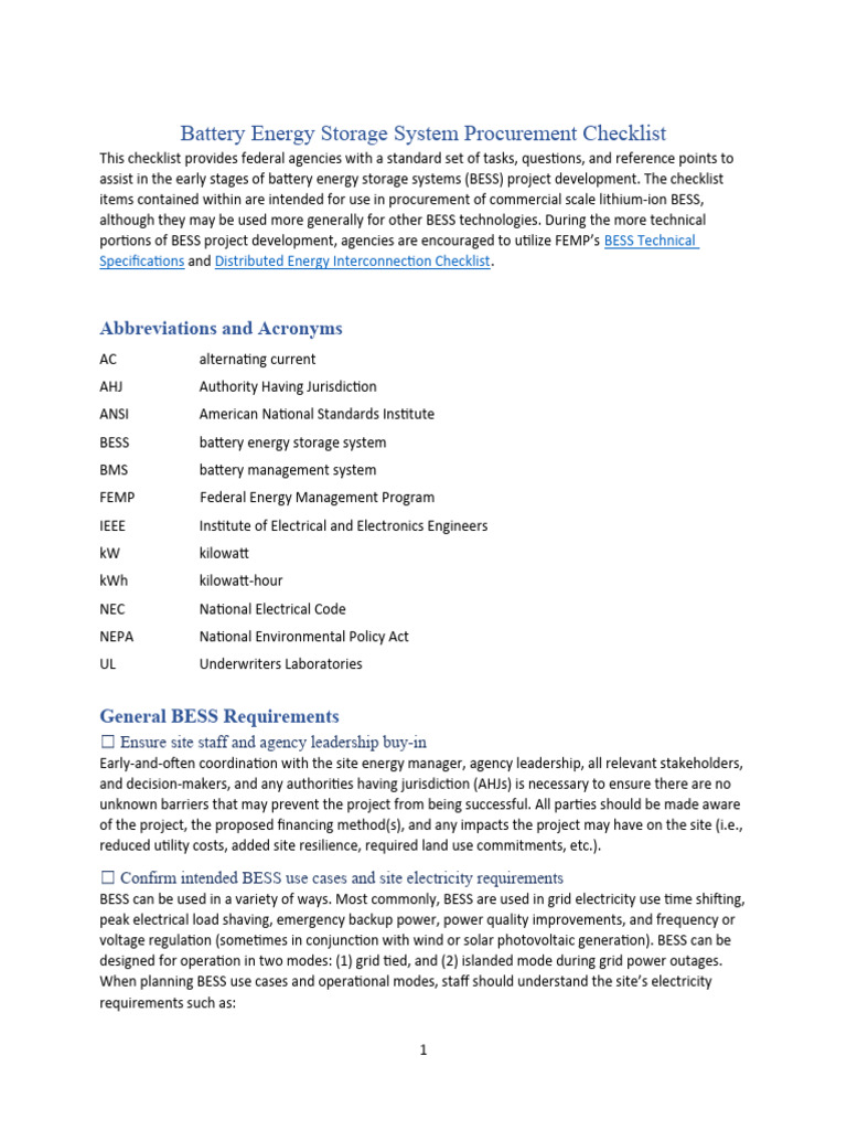 Battery Energy Storage System Procurement Checklist | PDF | Electrical ...