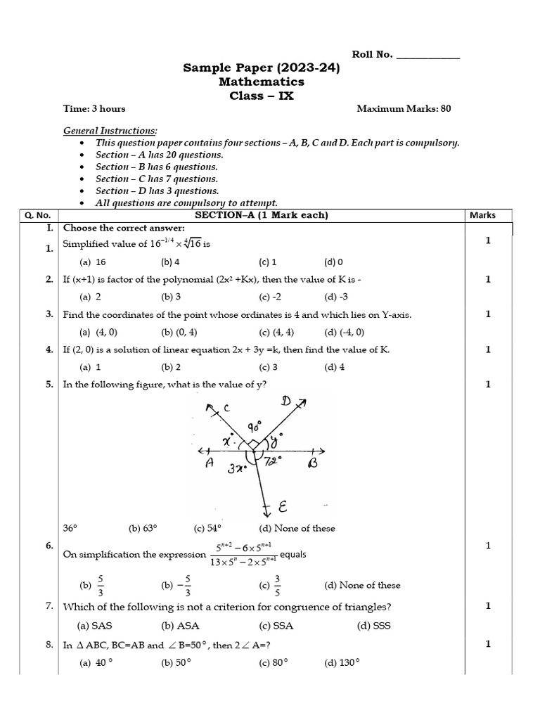 Sample Paper Maths Class 9th (2023-24) | Download Free PDF | Triangle ...