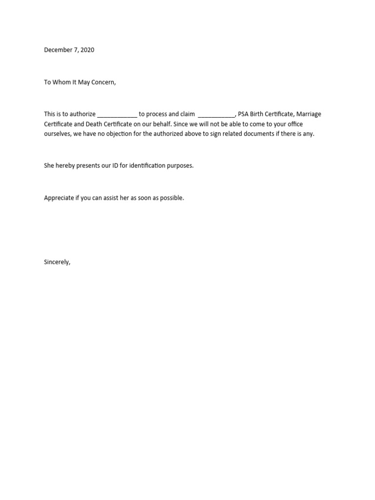 Authorization Letter Psa Pdf - Free Word Template