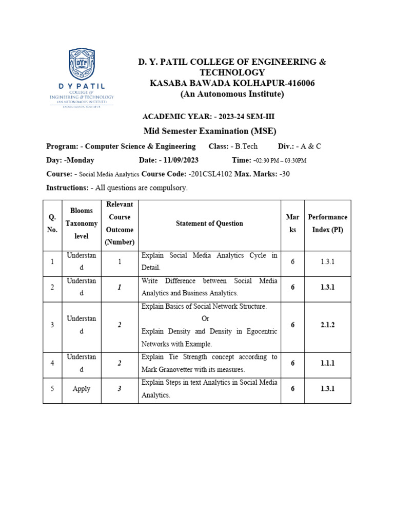 MSE Exam Paper: Social Media Analytics | PDF | Computers